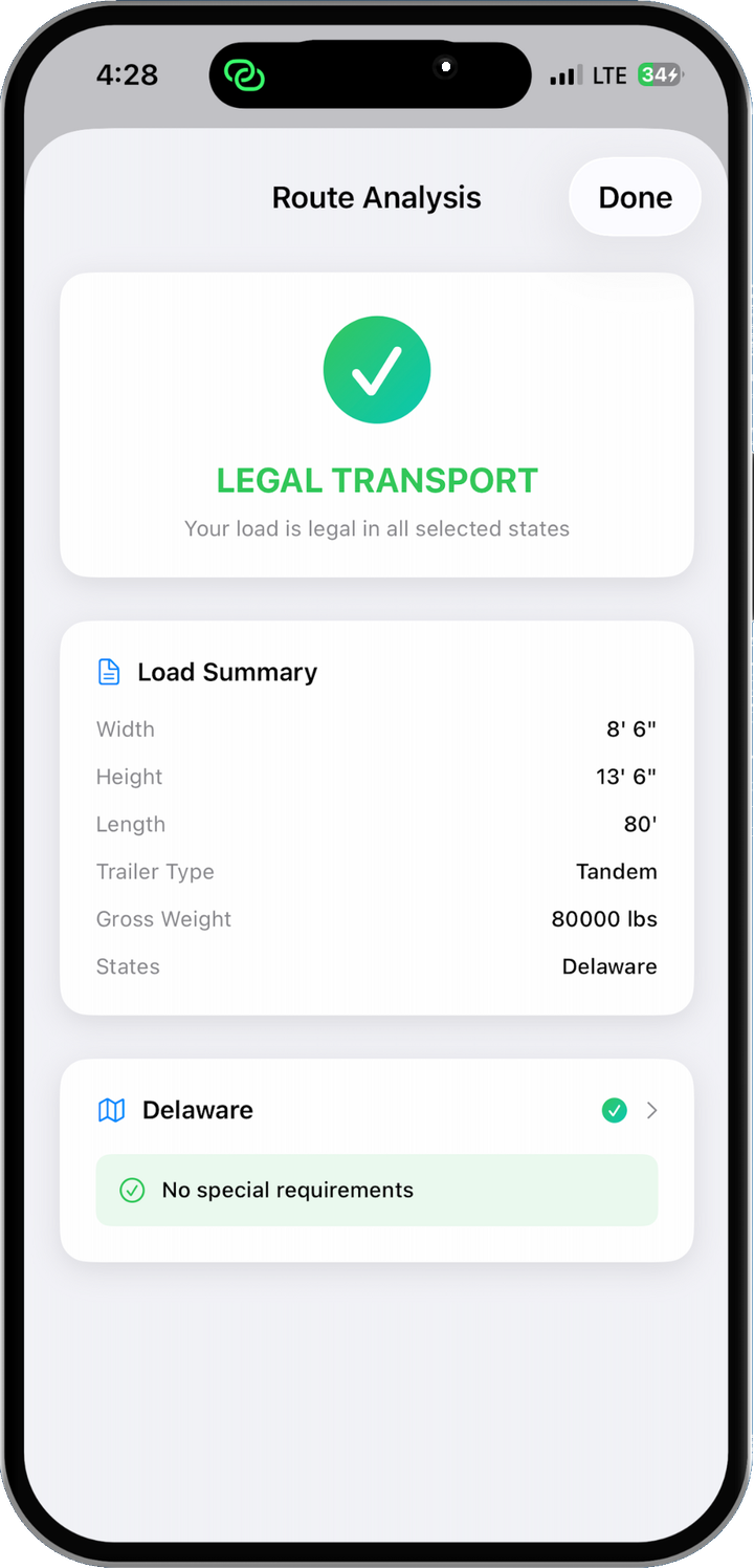 HaulPath route analysis showing legal transport in selected states