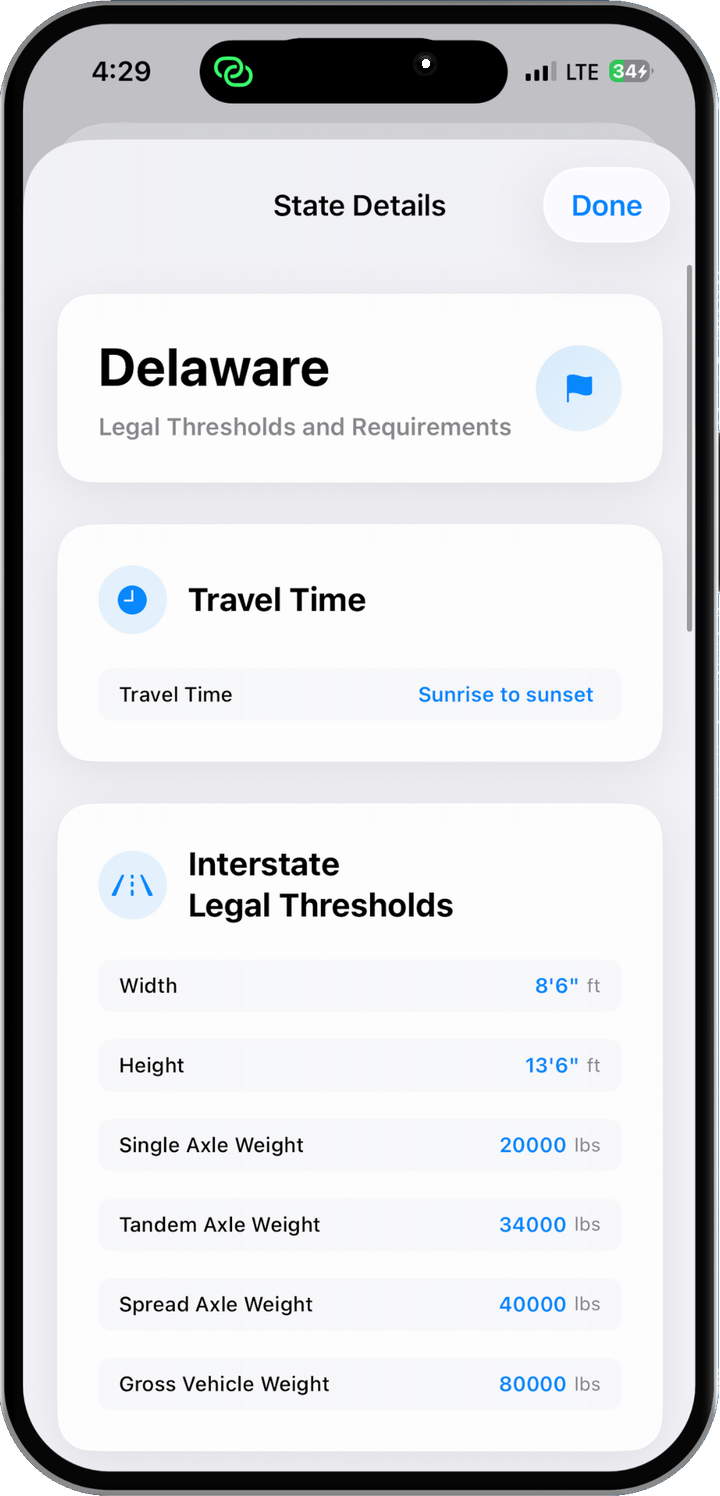 HaulPath state details with travel time and legal thresholds