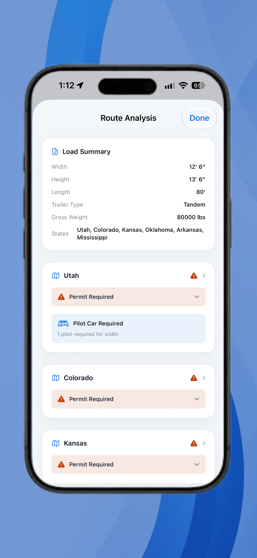 HaulPath route analysis listing permit and pilot car requirements by state