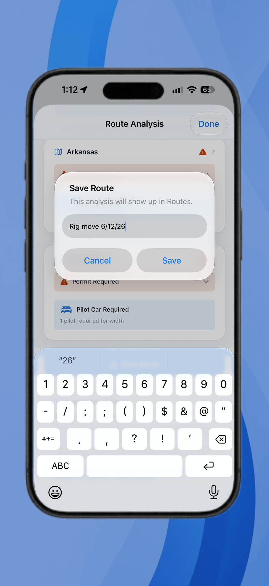HaulPath save-route dialog naming an analysis